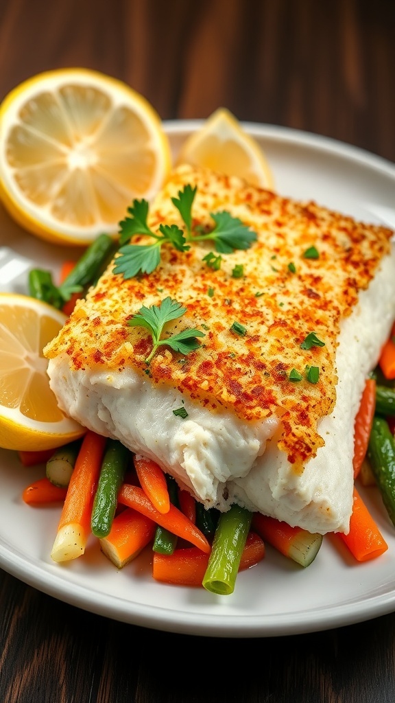 Parmesan crusted cod fillet garnished with parsley and lemon wedges, served with steamed vegetables.